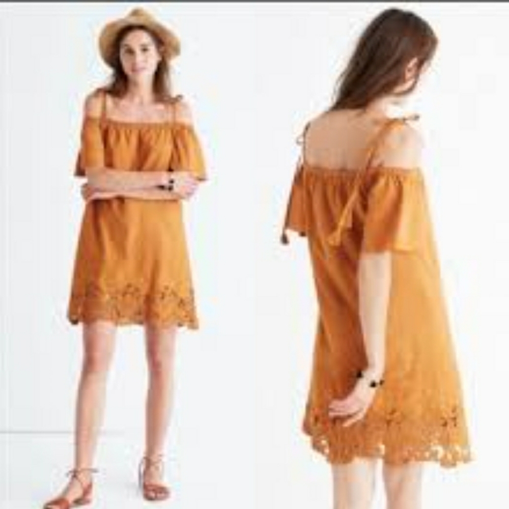 Madewell of shoulder eyelet burnt orange color mini dress. Size XS.